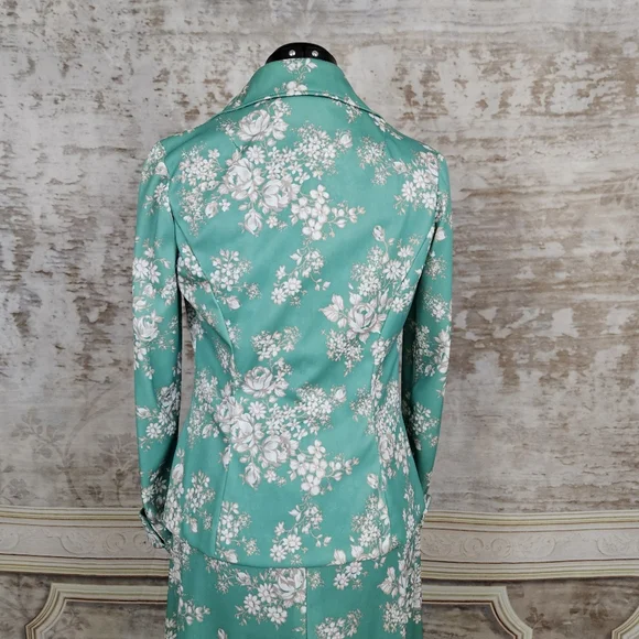 Vintage 1970s M Maxi Dress & Jacket Green Floral Mod Vintage VTG 70s Sleeveless - Picture 6 of 16
